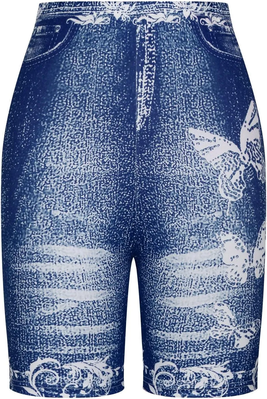 Women's Summer Denim Shorts Destroyed Mid Rise Stretchy Shorts Jeans Long Shorts Below The Knee Graphic Butt Lifting Jeans