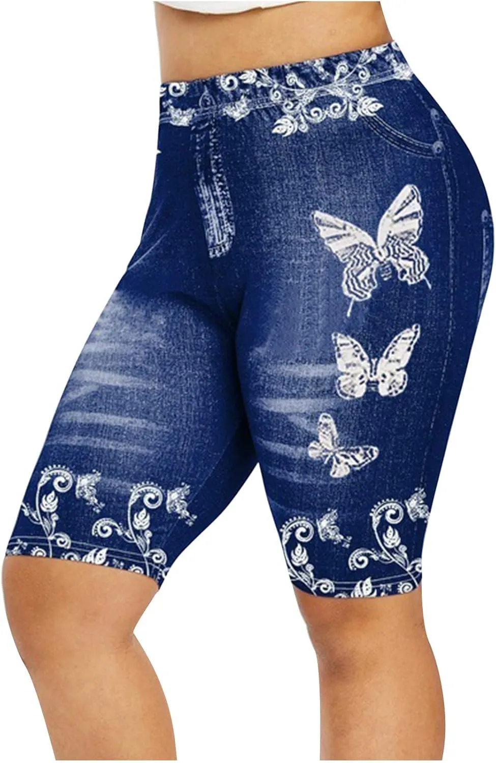 Women's Summer Denim Shorts Destroyed Mid Rise Stretchy Shorts Jeans Long Shorts Below The Knee Graphic Butt Lifting Jeans