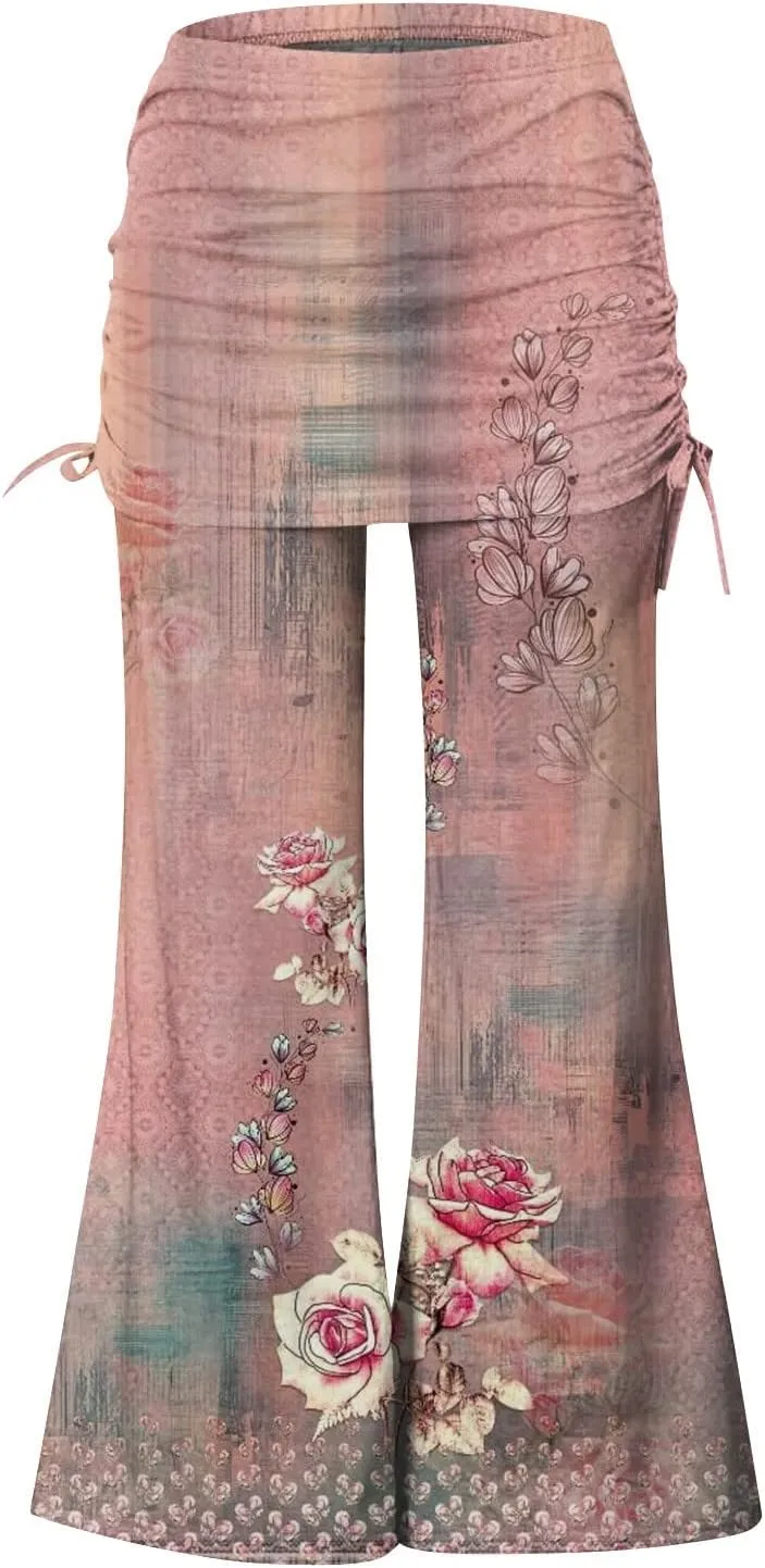 Women's Summer Vintage Print Wide Leg Pants Casual Flared Drawstring Trousers Elastic High Waist Palazzo Pants