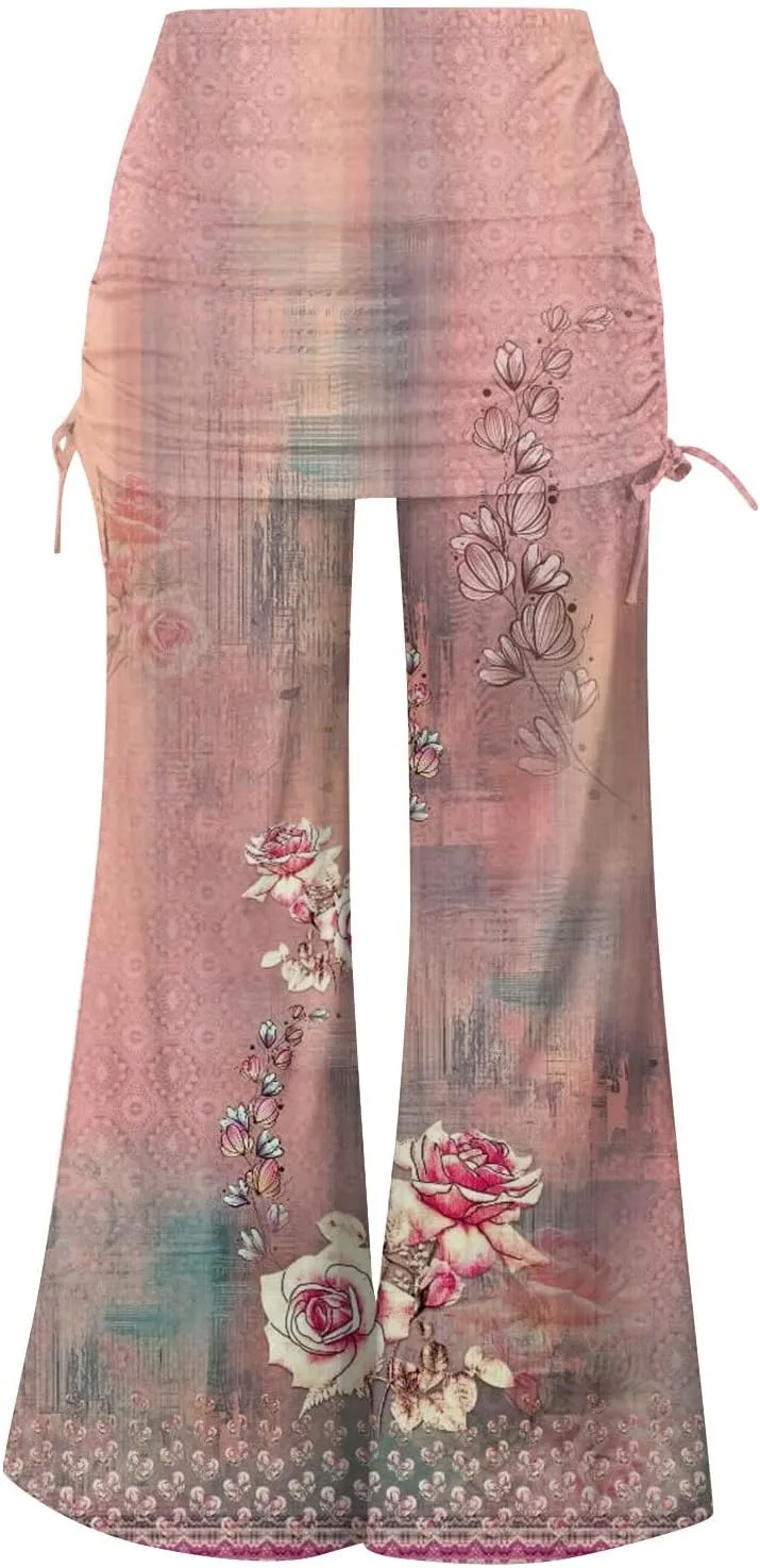 Women's Summer Vintage Print Wide Leg Pants Casual Flared Drawstring Trousers Elastic High Waist Palazzo Pants