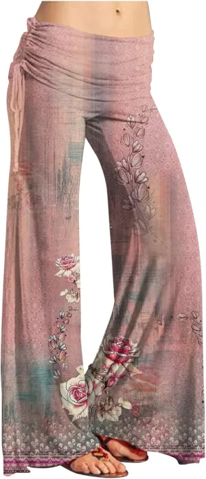 Women's Summer Vintage Print Wide Leg Pants Casual Flared Drawstring Trousers Elastic High Waist Palazzo Pants