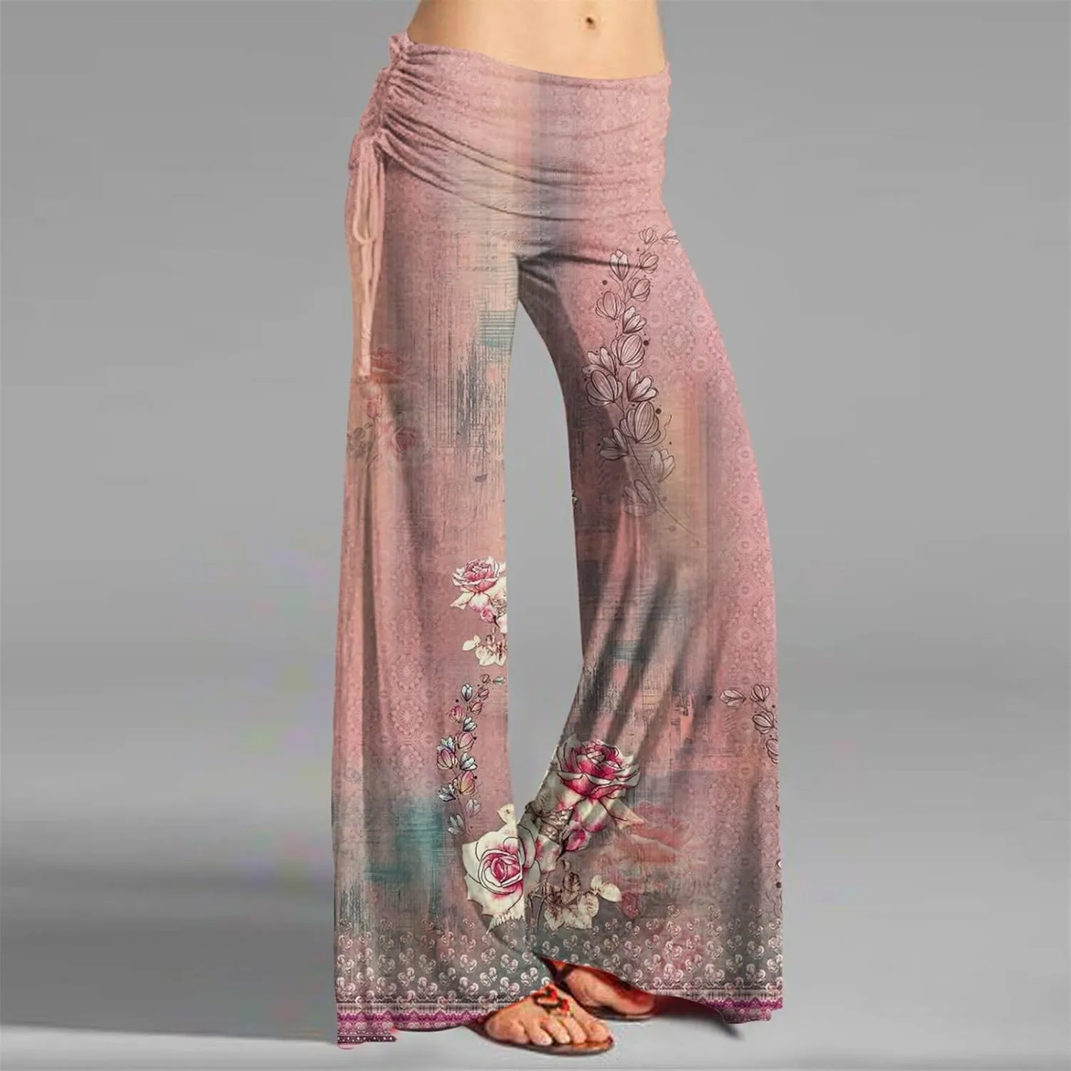 Women's Summer Vintage Print Wide Leg Pants Casual Flared Drawstring Trousers Elastic High Waist Palazzo Pants